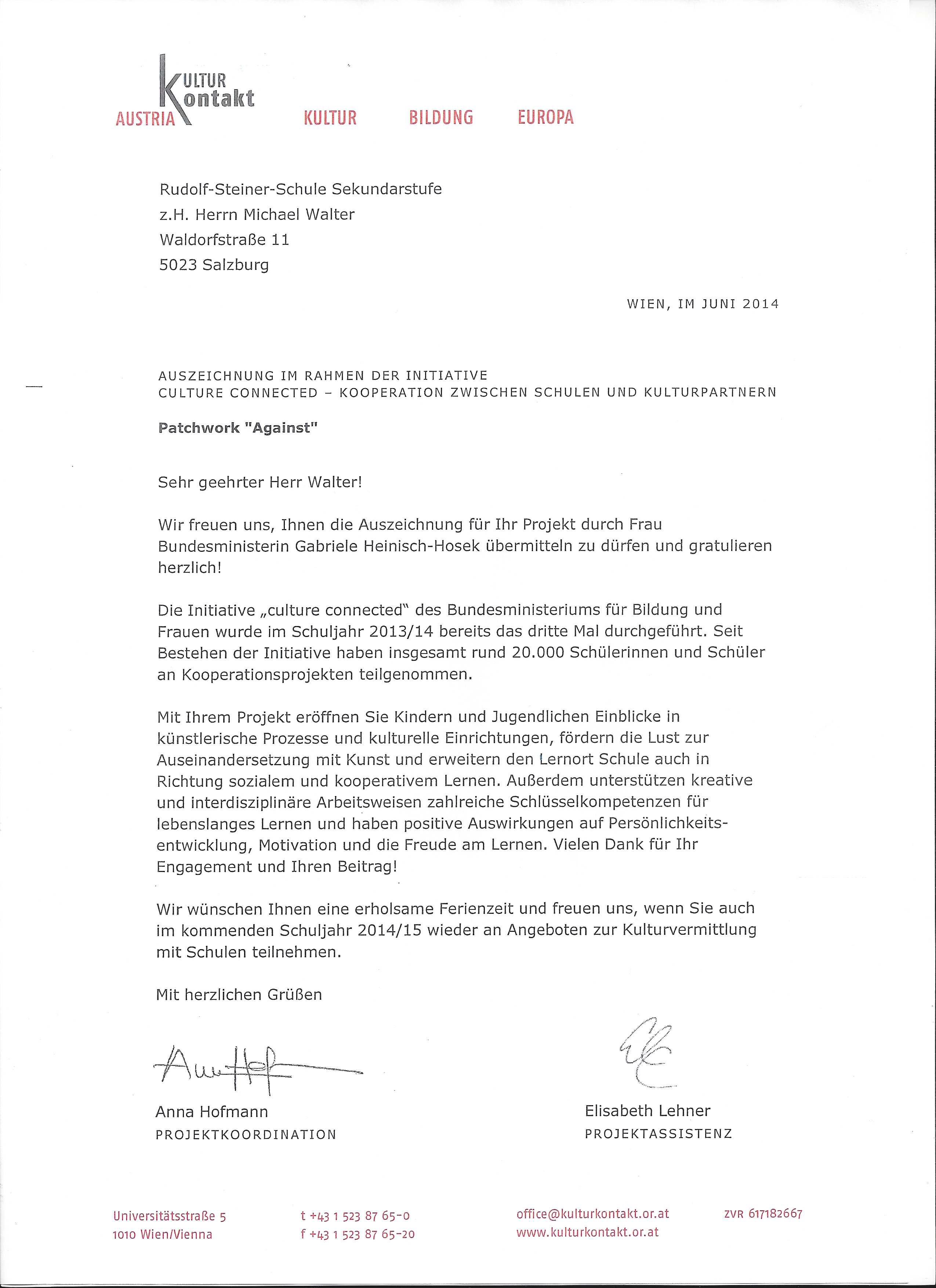 Auszeichnung für Kulturkooperation vom Bundesministerium für Bildung und Frauen